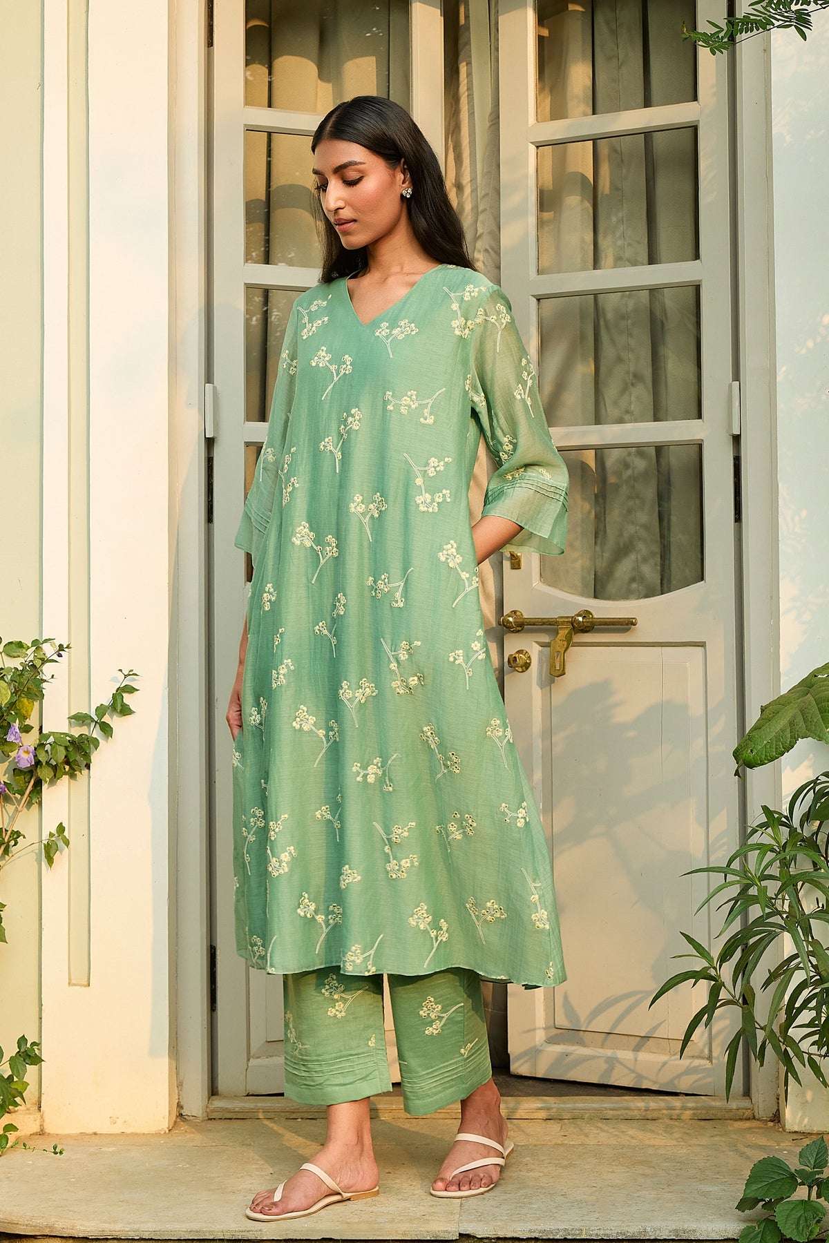 Verdant Embroidered Floral Tunic Set