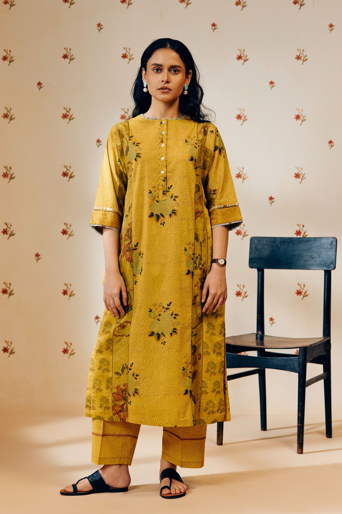Mustard Block Print Kurta Set