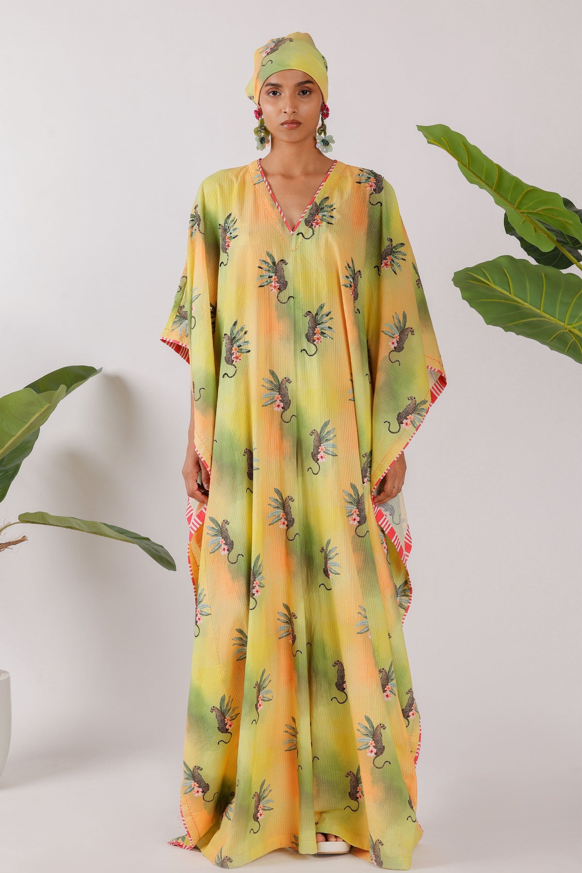 Leopard Print Stripe Ruching Kaftan