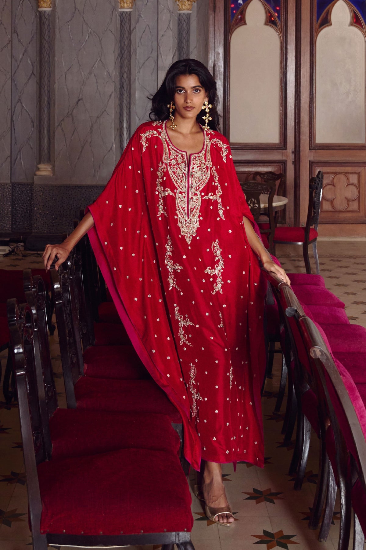 Red Flower Line Kaftan Set