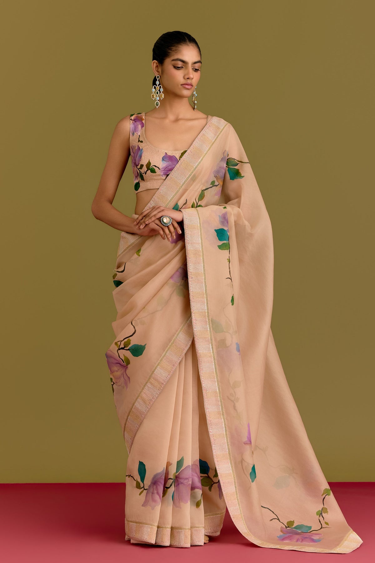 Beige Hand Painted Saree Set