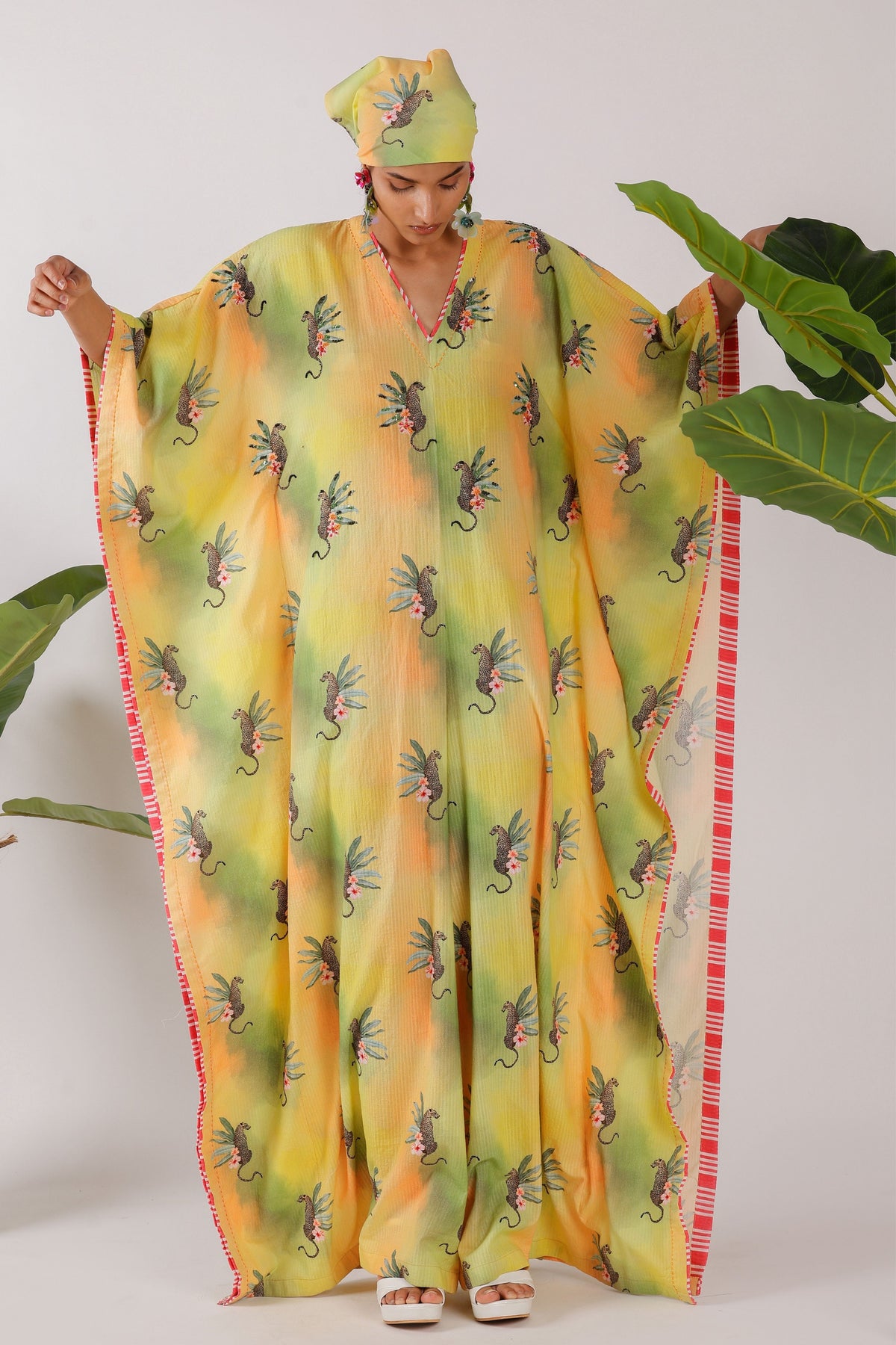 Leopard Print Stripe Ruching Kaftan