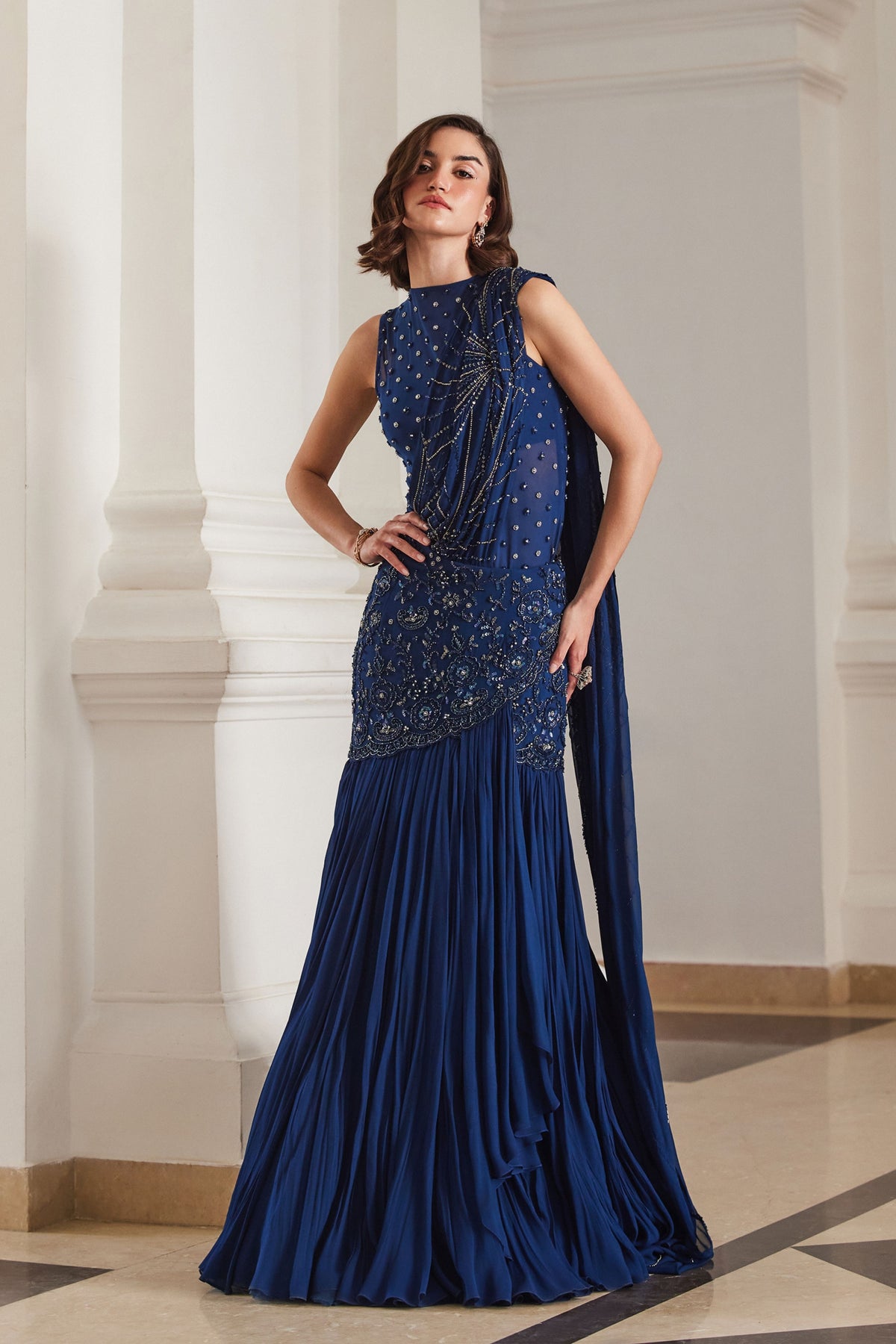 Teal Blue Saree With Bodysuit