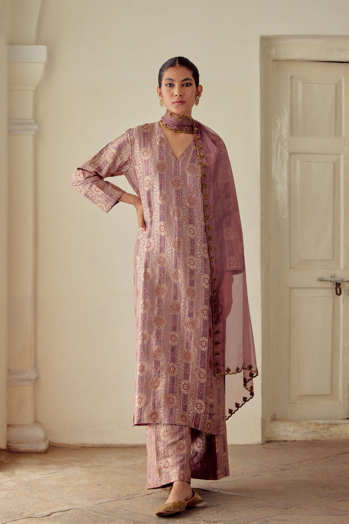 Sharmila Silk Brocade Pale Kurta Set