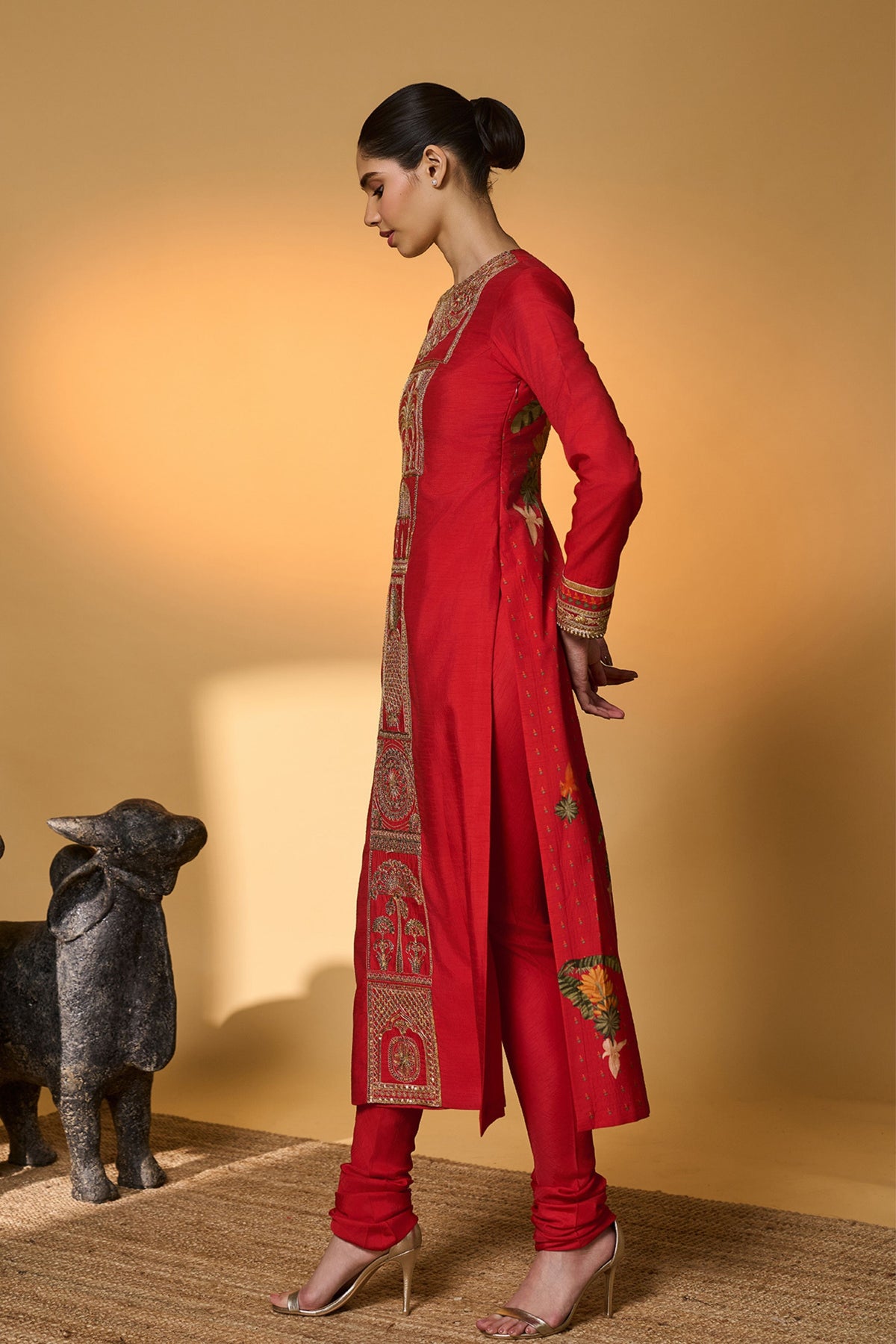Red Khidki Kurta Set