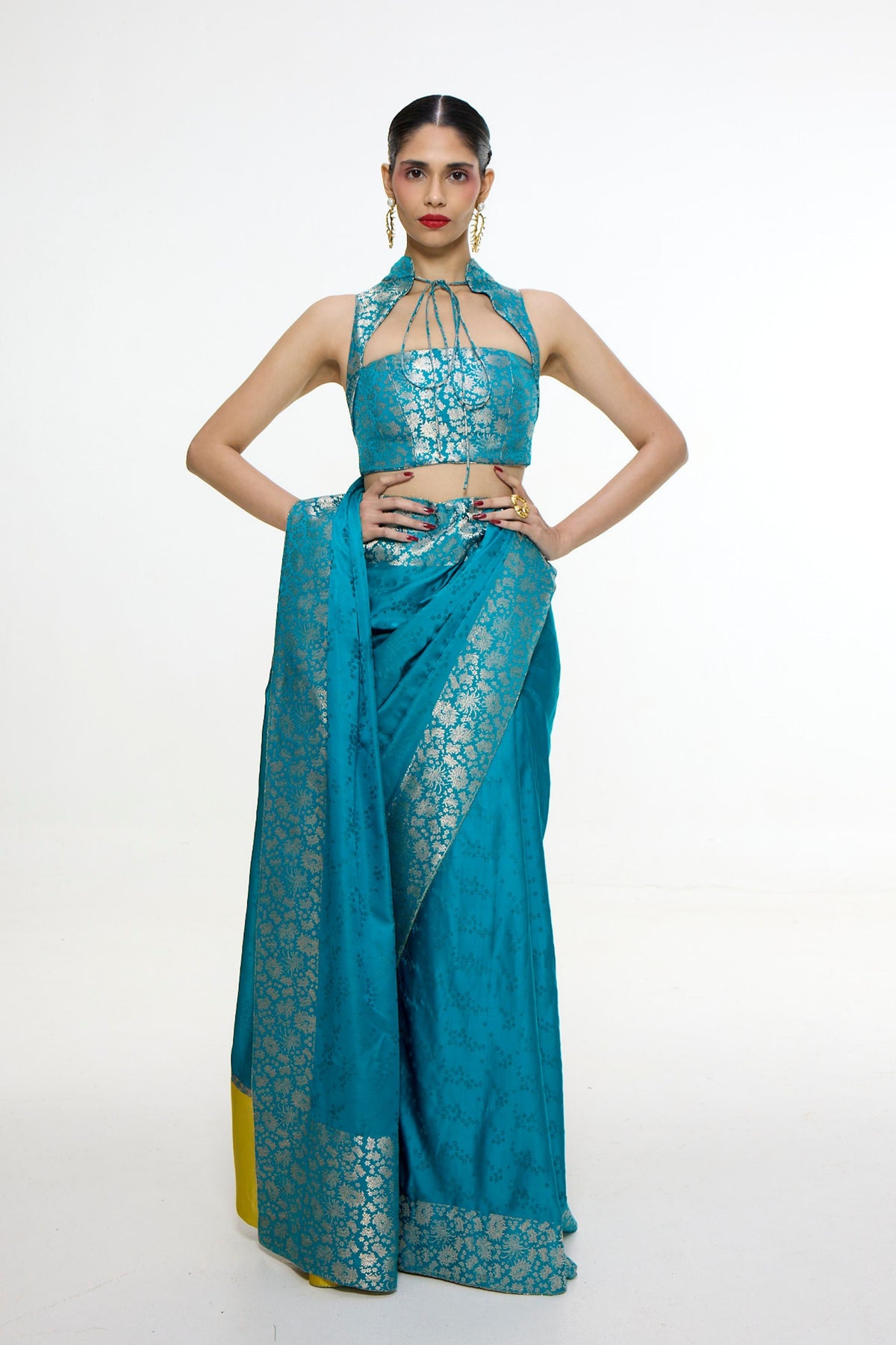 Handwoven Coral Blue Saree