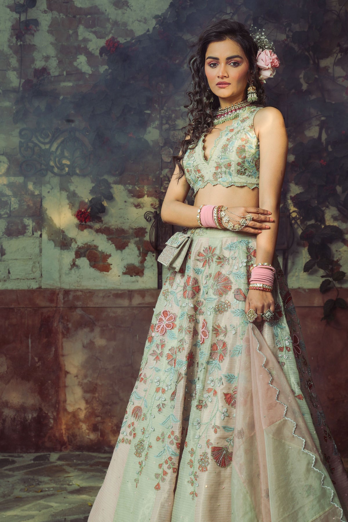 Spring Green and Melon Lehenga Set
