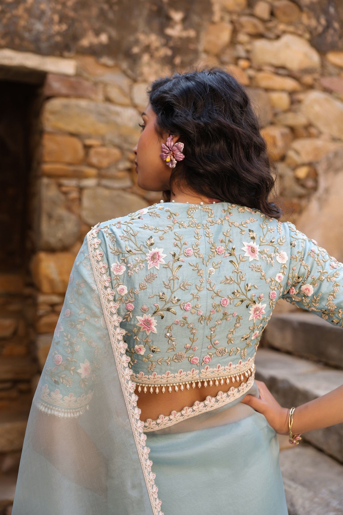 Vaayu Light Blue Phool Patti Saree Set