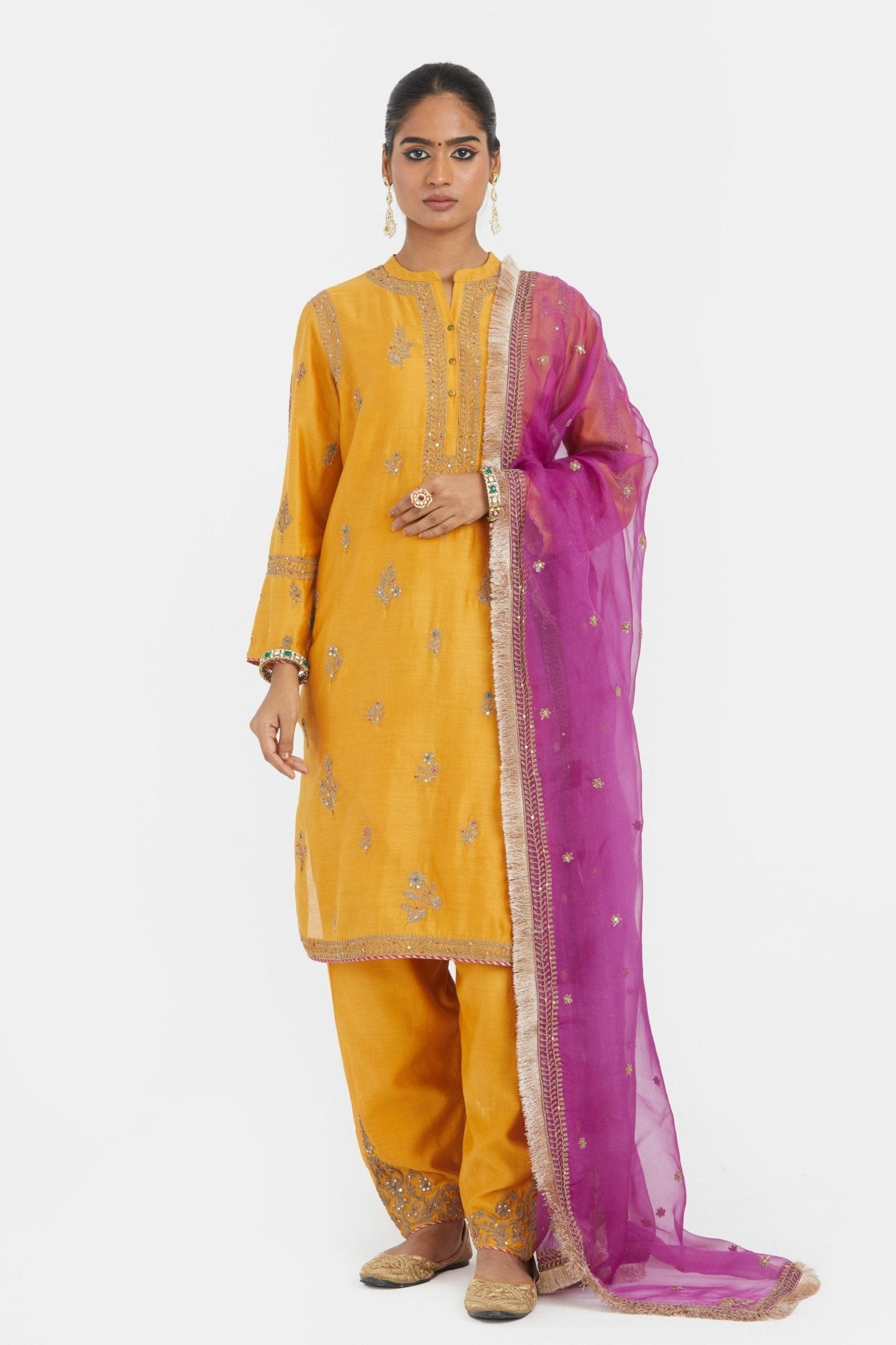 Deep Yellow Silk Kurta Set - Kora - Elahe