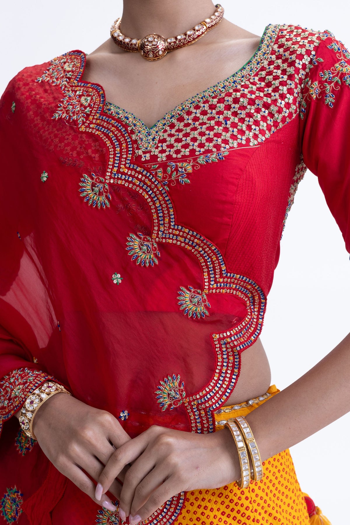 Yellow Red Ekam Lehenga