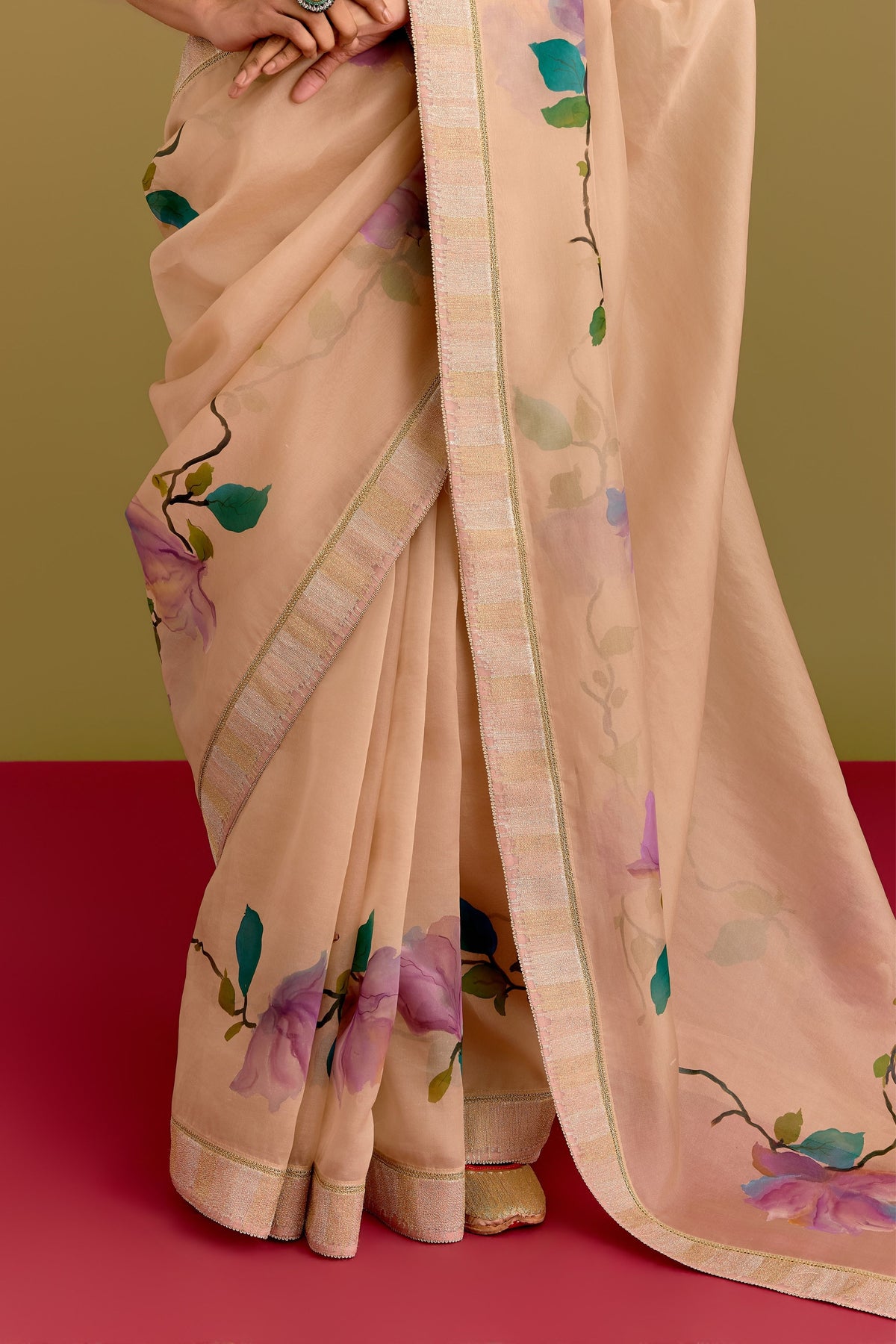 Beige Hand Painted Saree Set