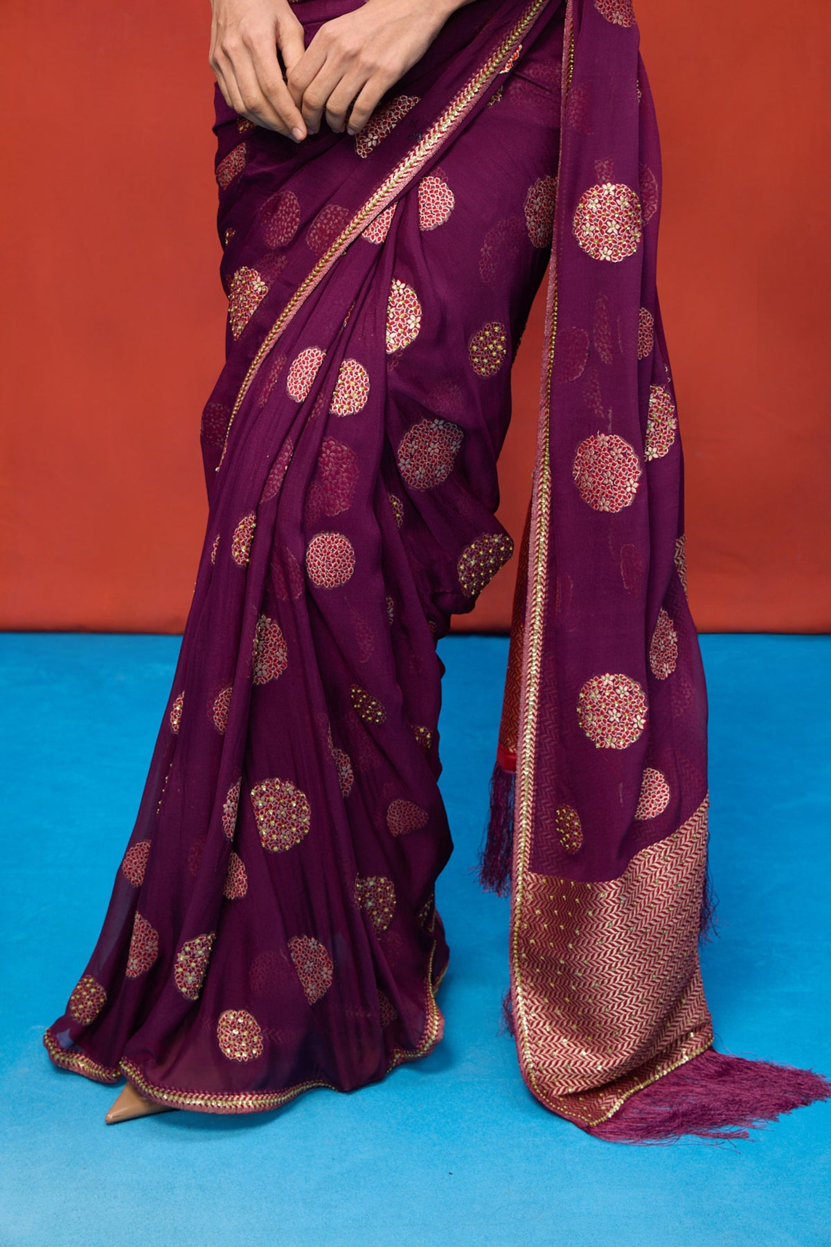 Handwoven Wine Chiffon Banarasi Saree