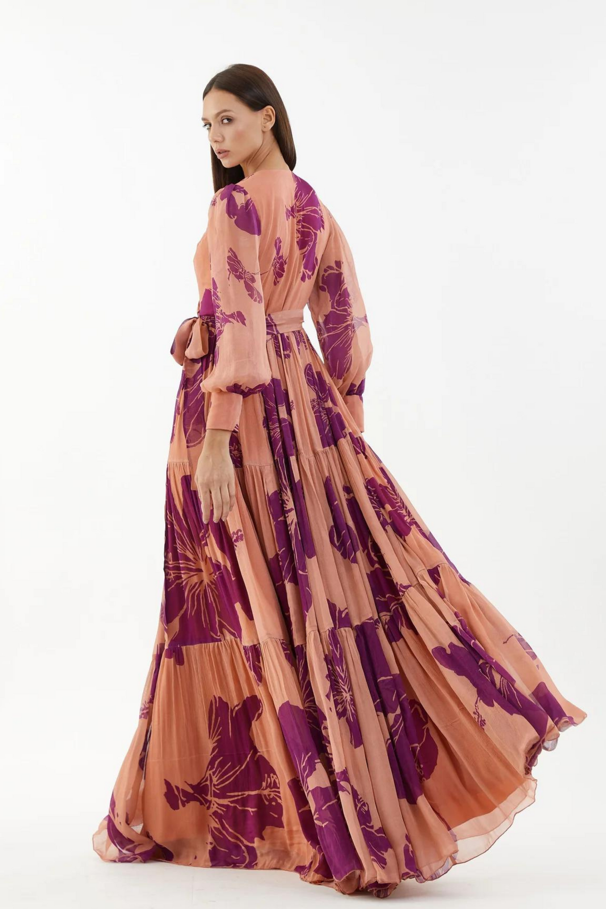 Orange And Purple Floral Long Wrap Dress