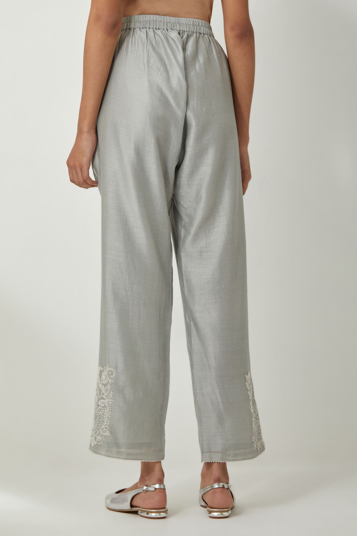 Grey Silk Chanderi Straight Pants
