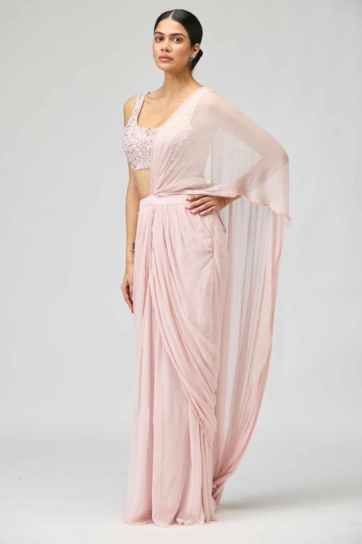 Silk Chiffon Light Pink Saree Set