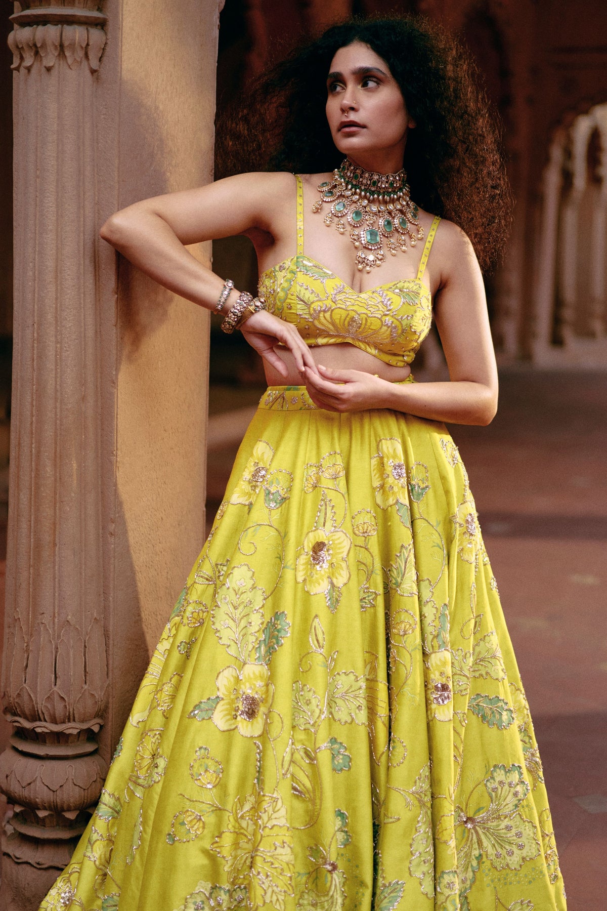 Lime Yellow Printed Lehenga Set