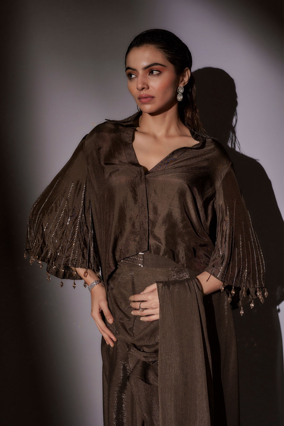 Coffe Pre-Draped Saree Set
