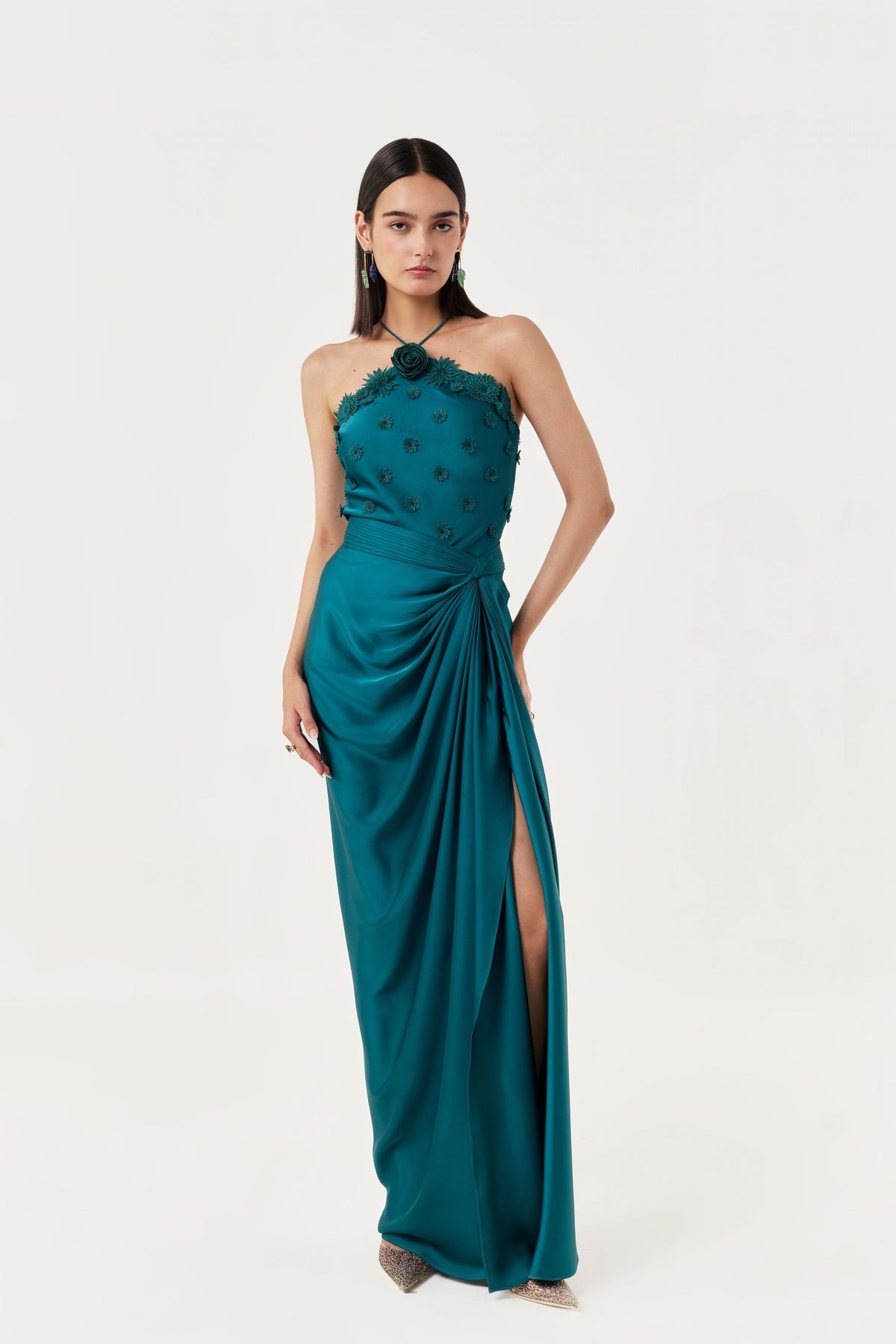 3d Floral Emerald Teal Halter Top Skirt Set
