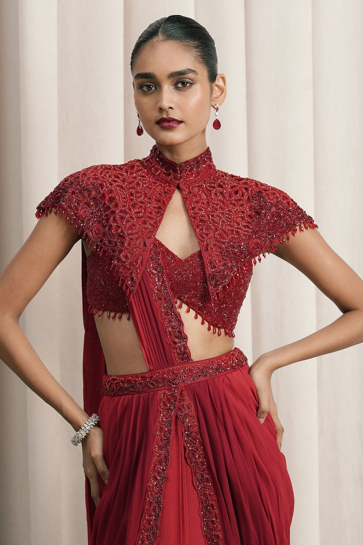 Red Shaded Crystal Cape Saree Set