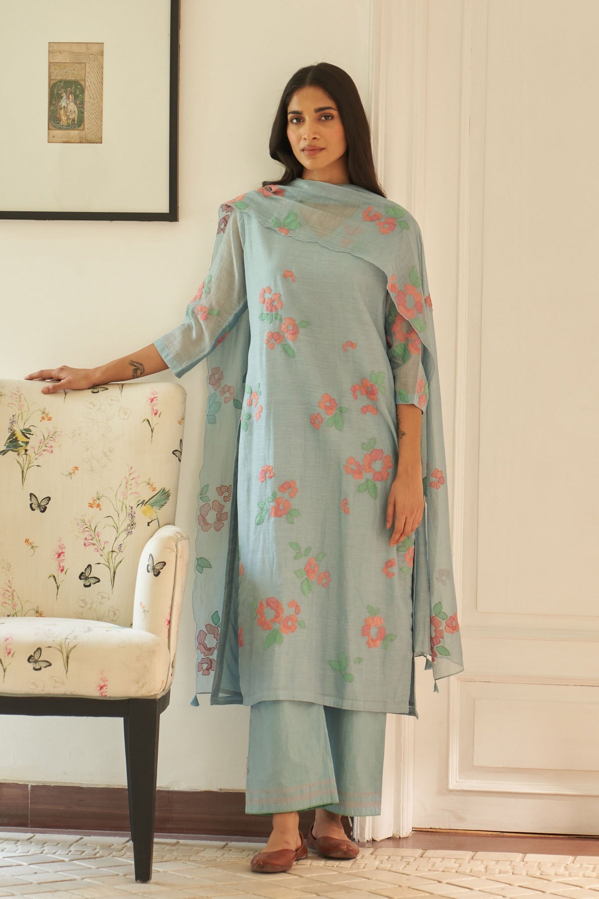 Sky Floral Applique Kurta Set
