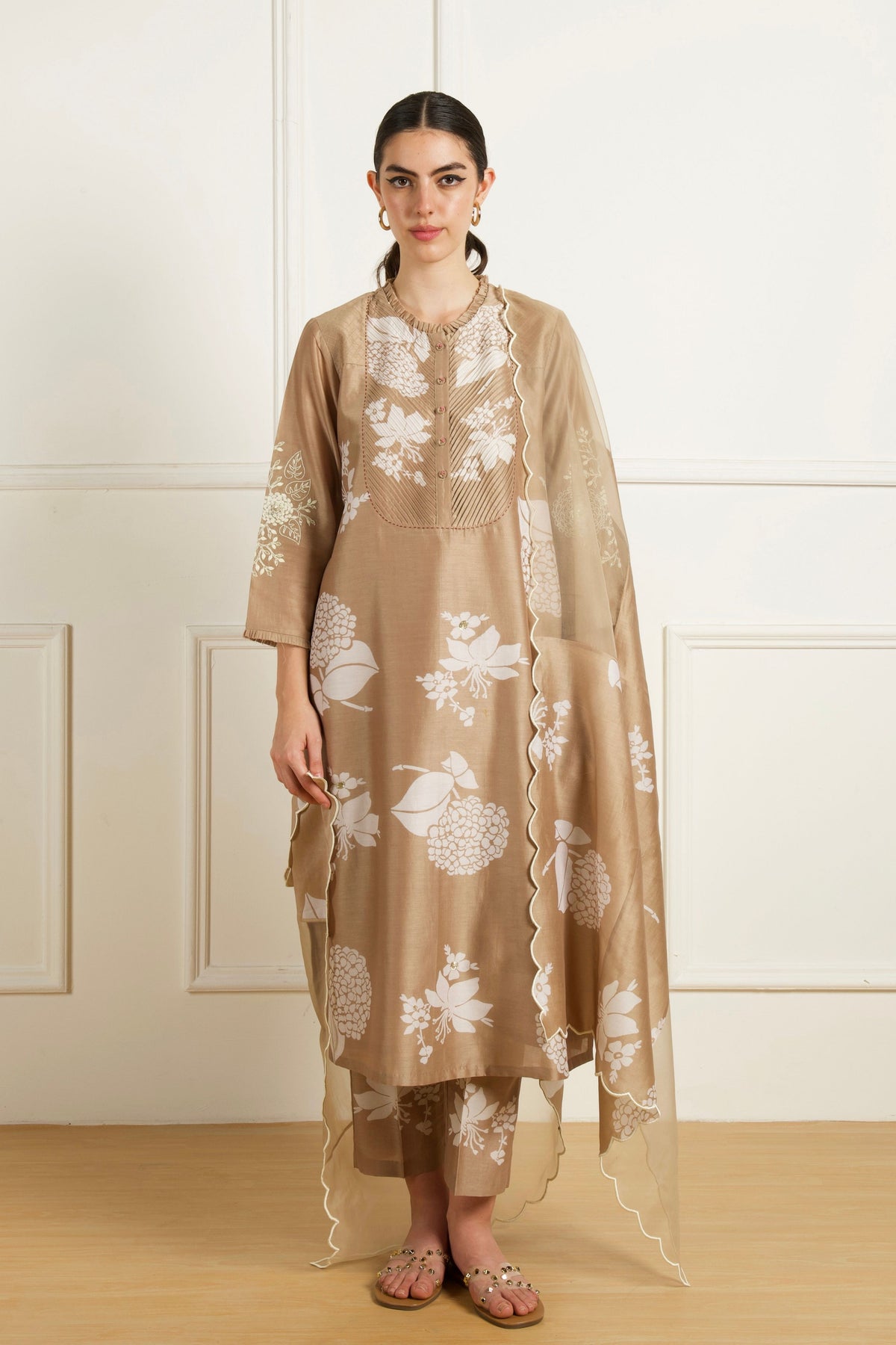 Beige Pleated Yoke Kurta Set