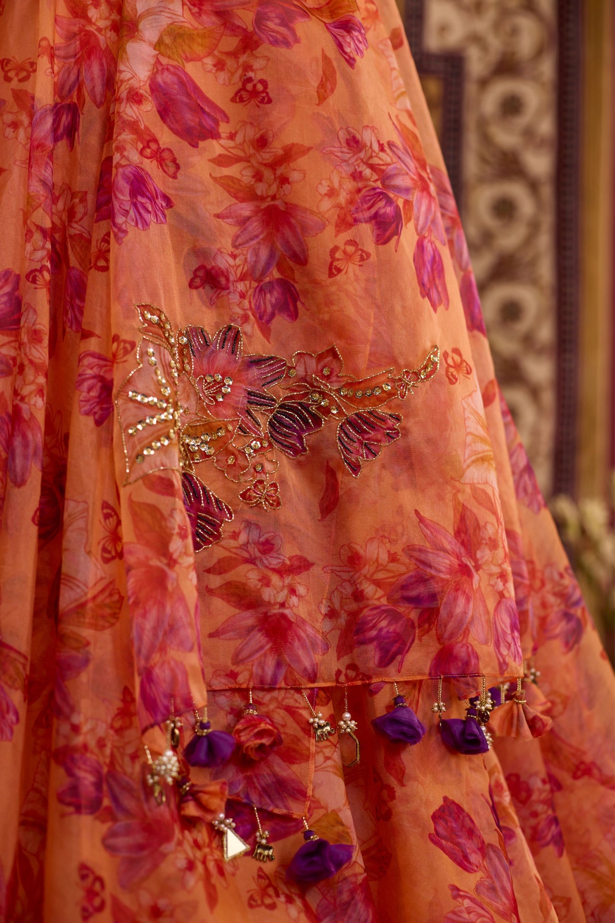 Orange Floral Lehenga Set