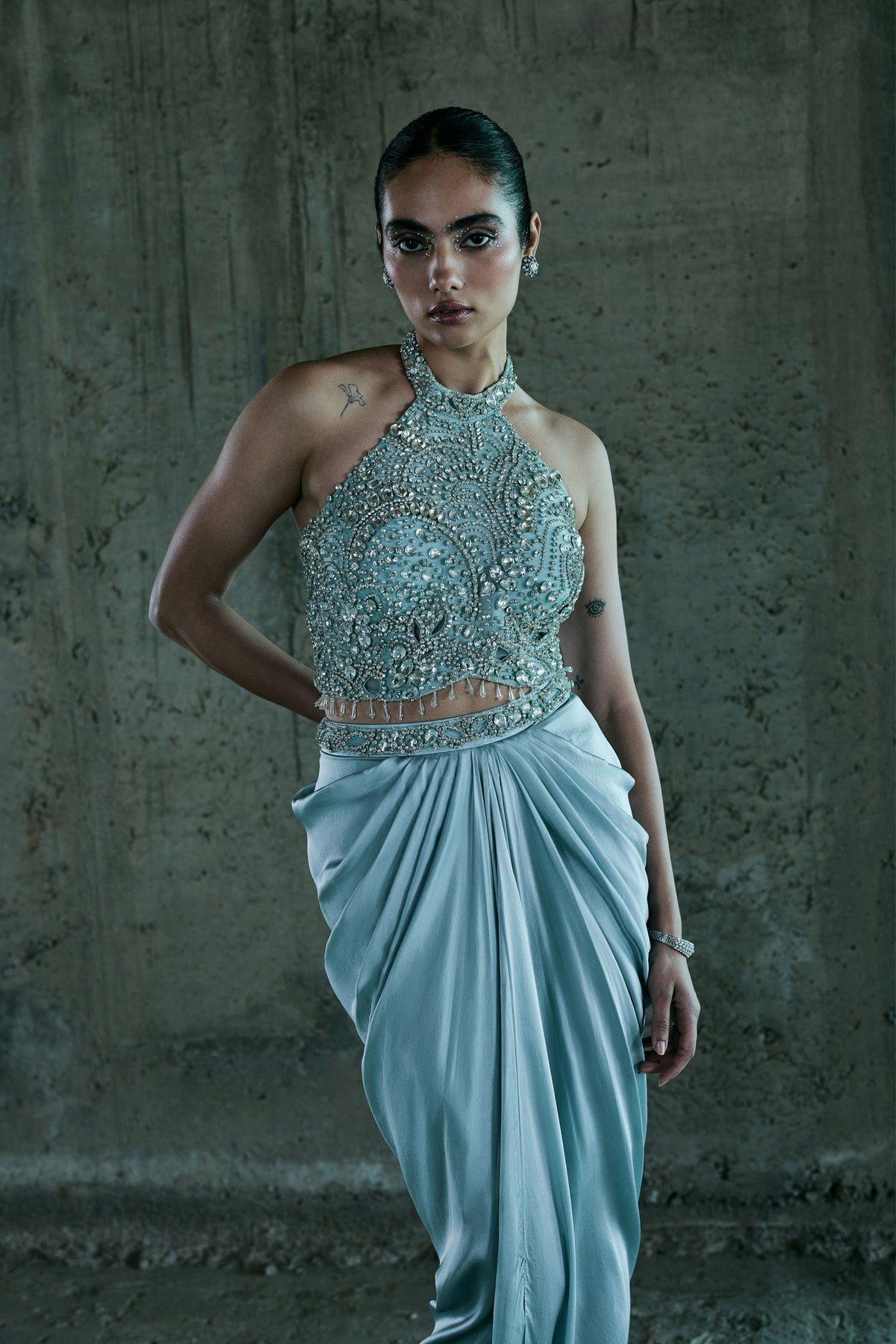 Ice Blue Embellished Top With Skirt