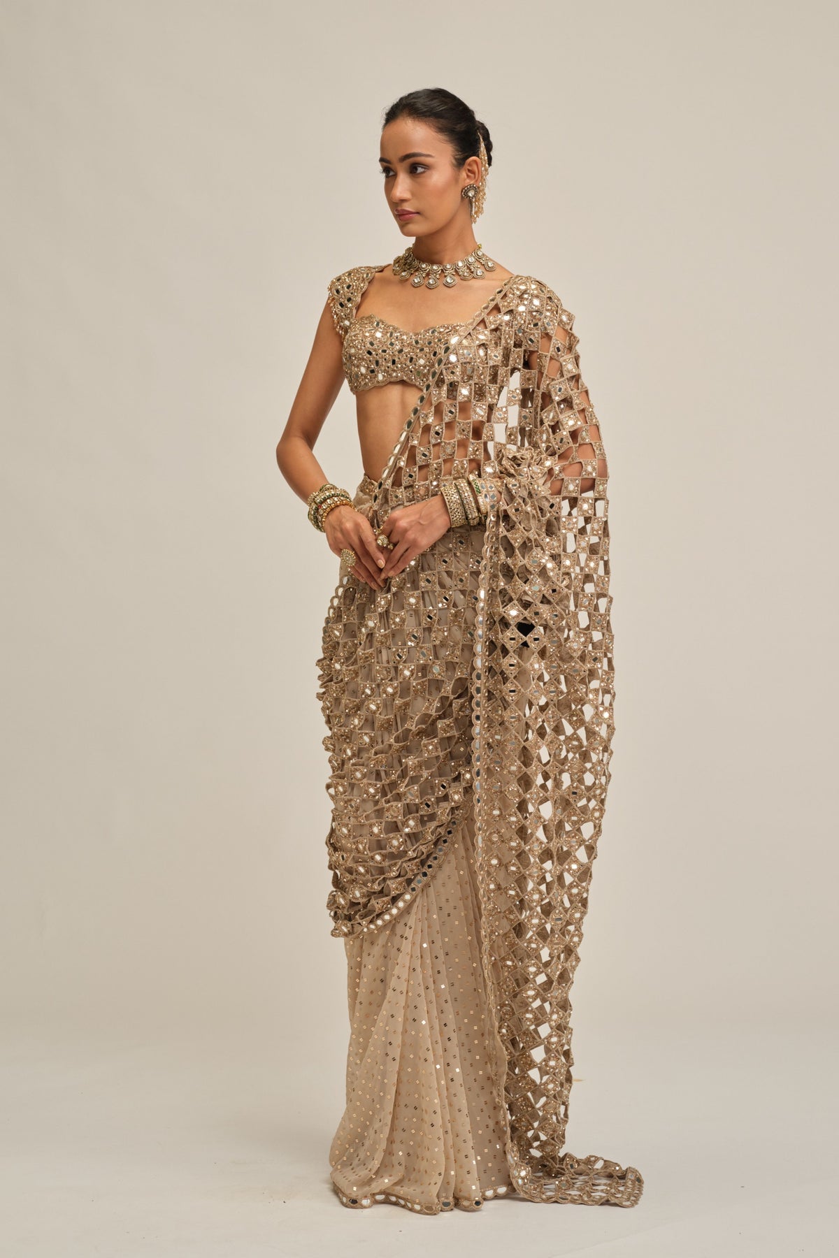 Modern Mirror Work Saree Set