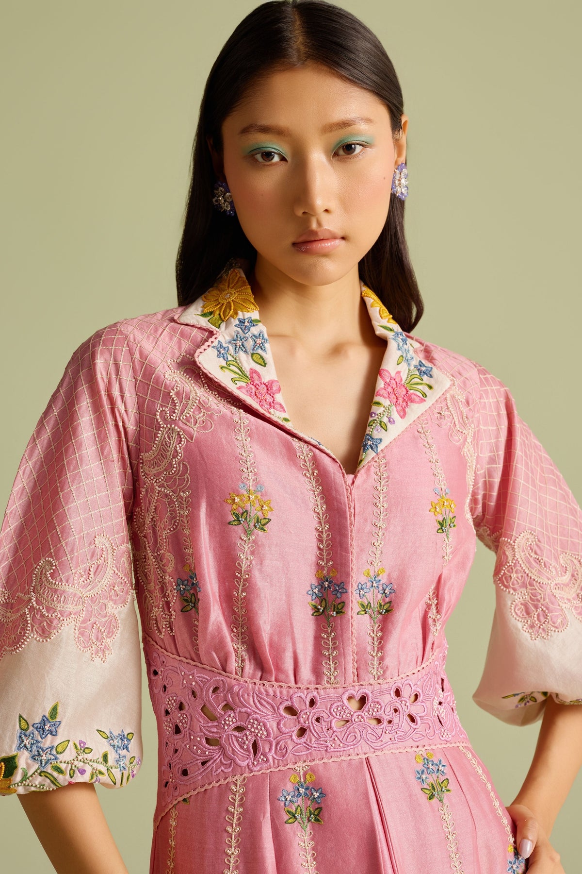 Pink Color Block Embroidered Dress