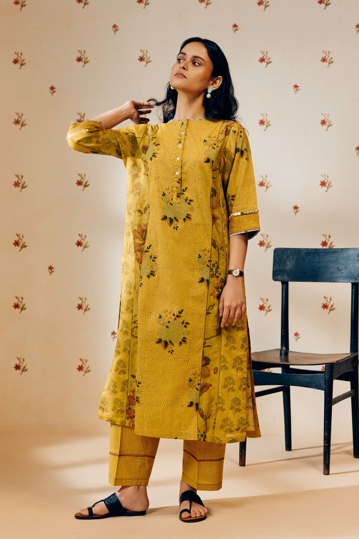 Mustard Block Print Kurta Set