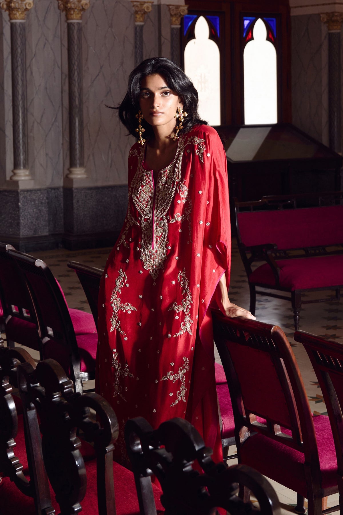 Red Flower Line Kaftan Set