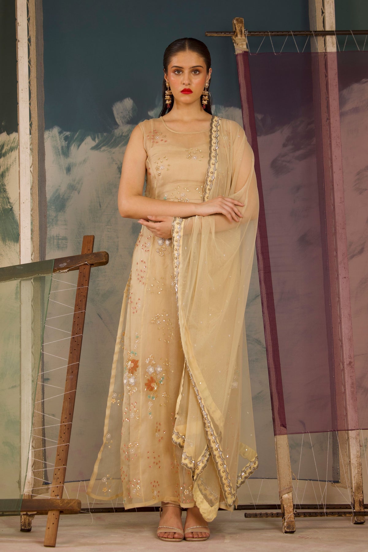 Beige Organza Kurta Set