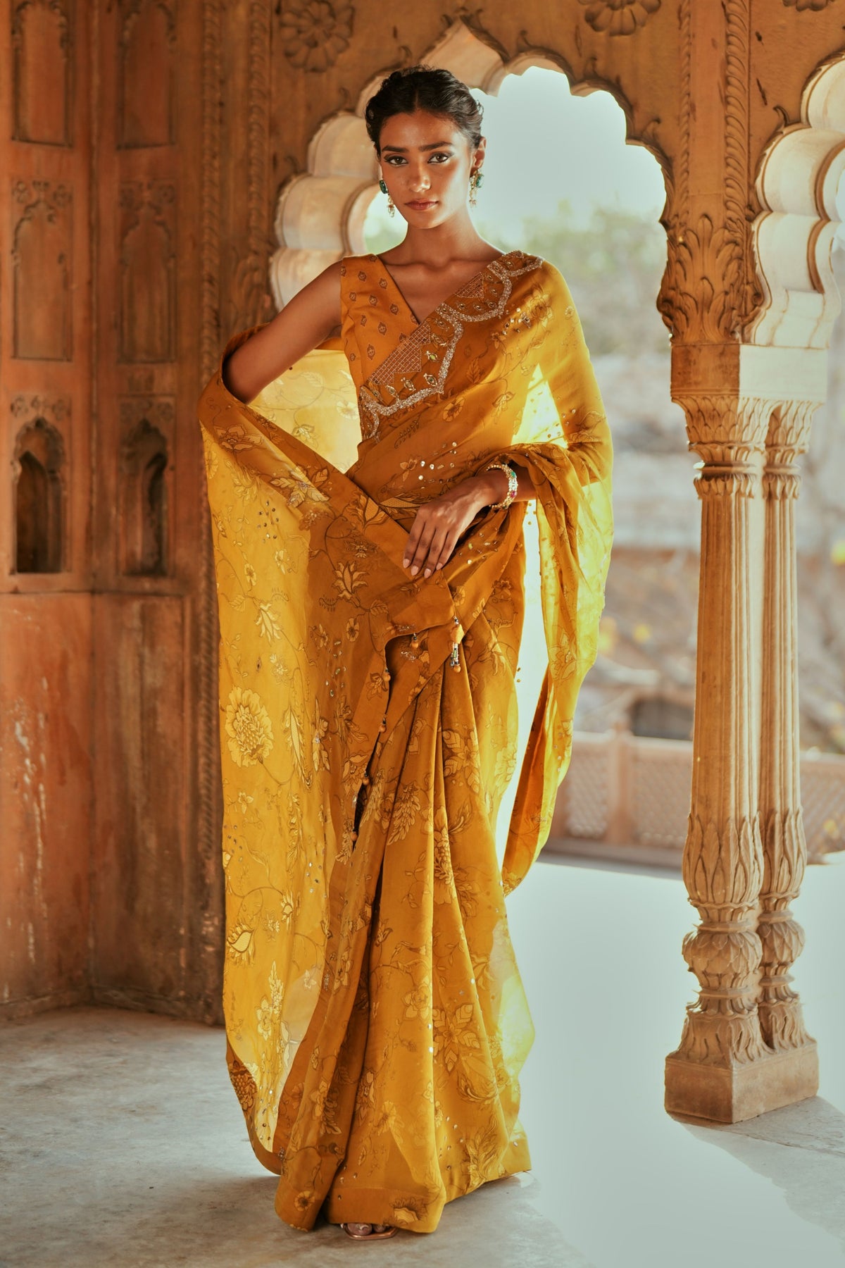 Golden Floral Organza Saree Set