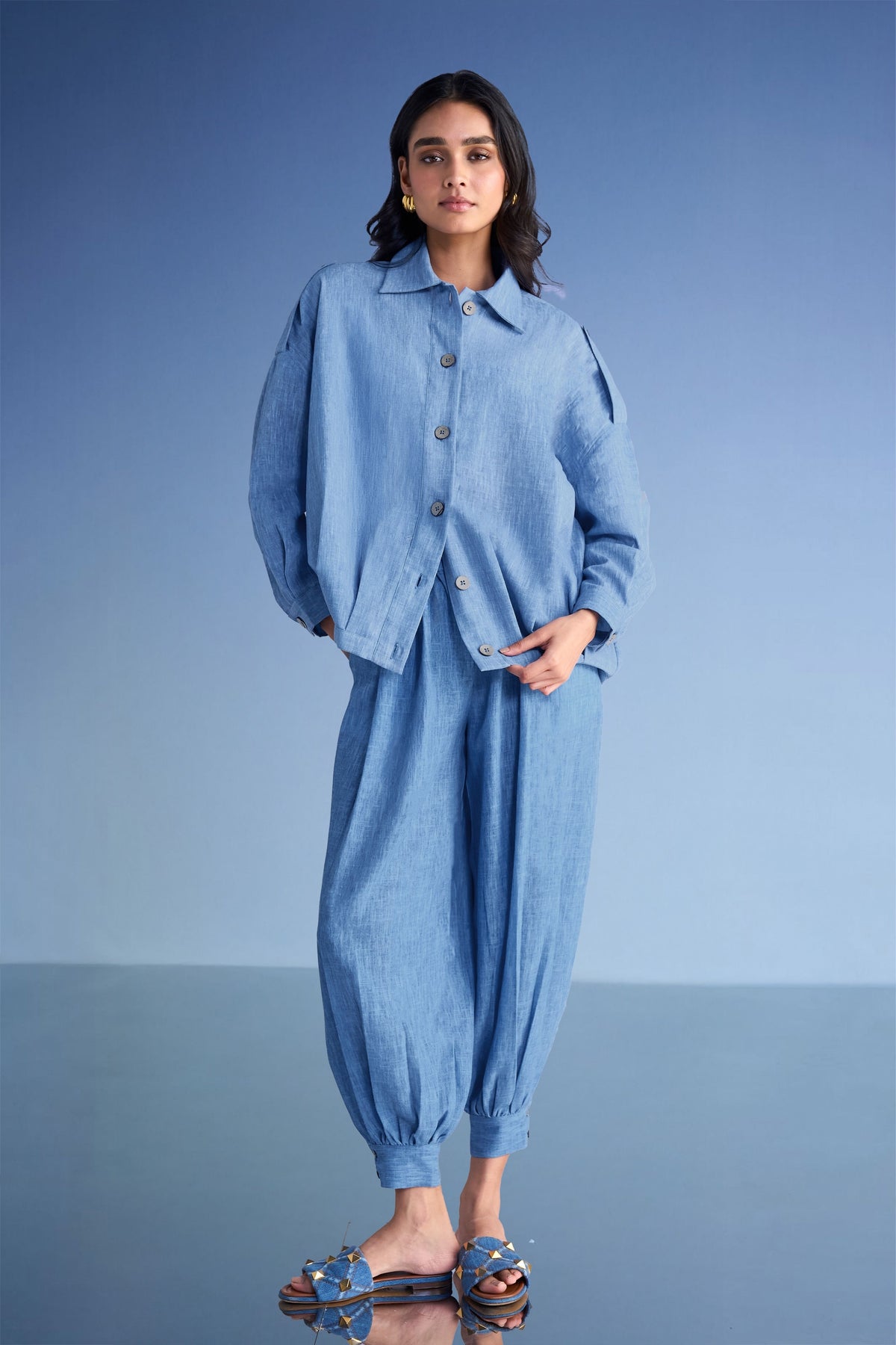 Box Pleated Linen-textured Pants
