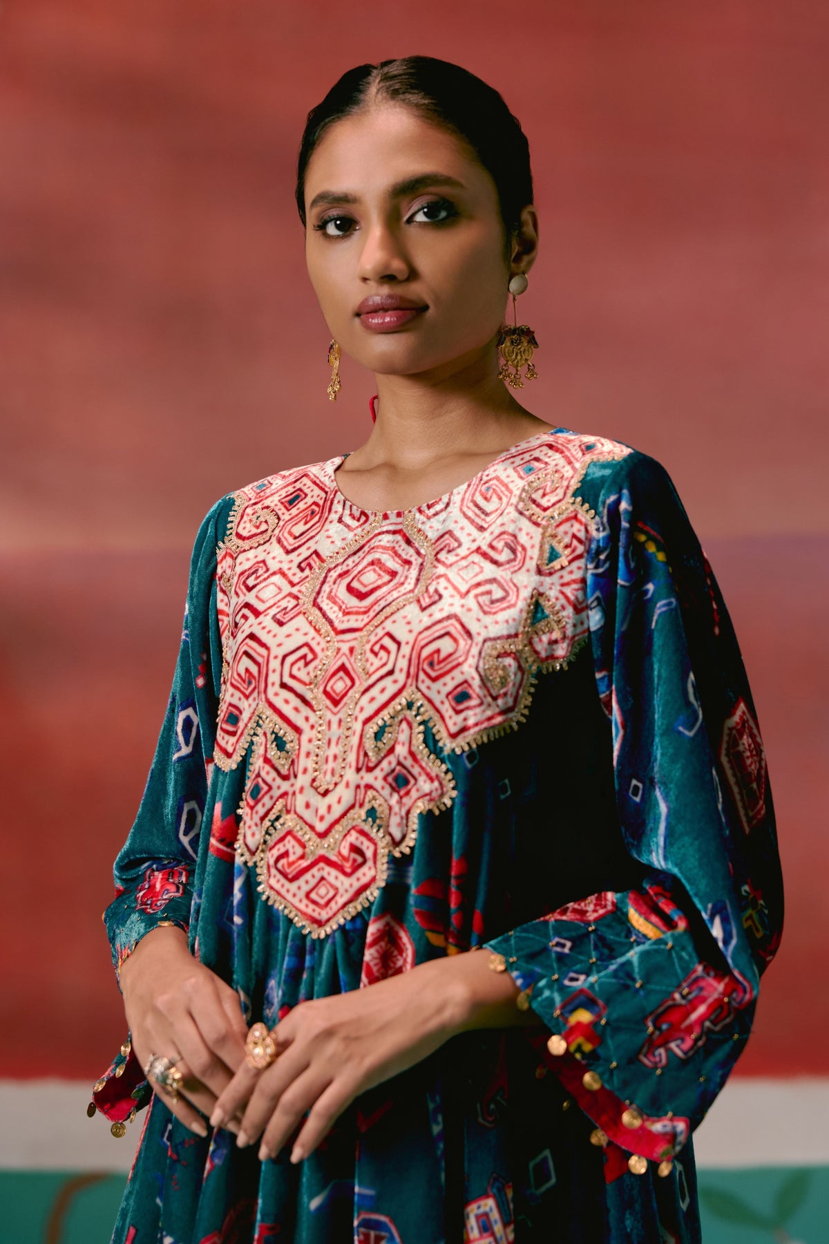 Teal Aztec Velvet Tunic Set
