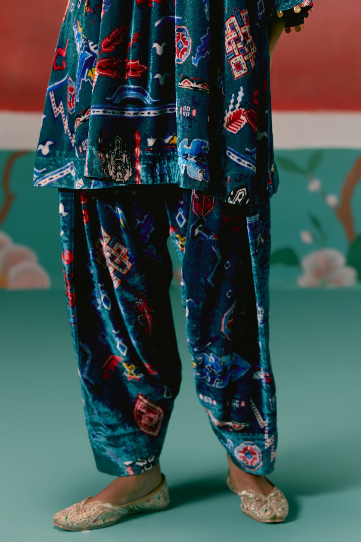 Teal Aztec Velvet Tunic Set