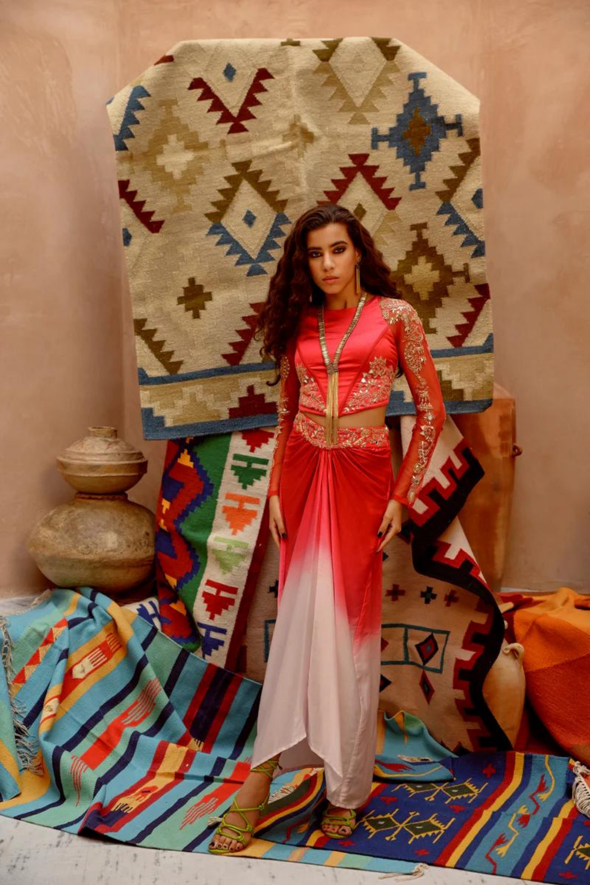 Hot Red Ombre Drape Skirt Set