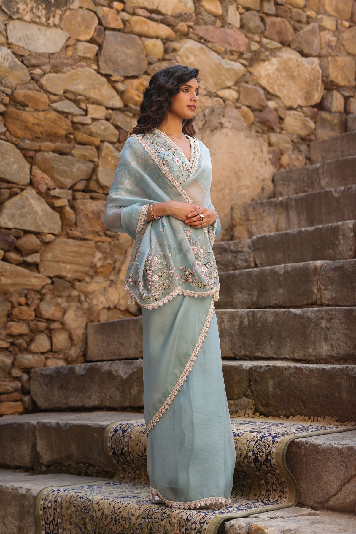 Vaayu Light Blue Phool Patti Saree Set