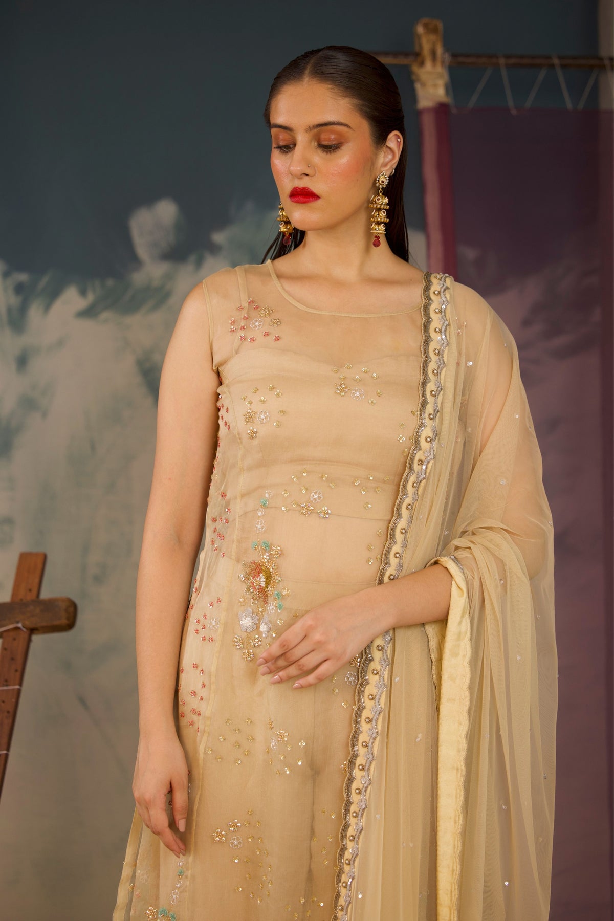 Beige Organza Kurta Set