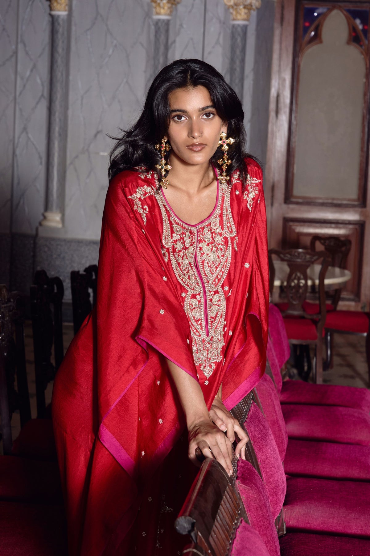 Red Flower Line Kaftan Set