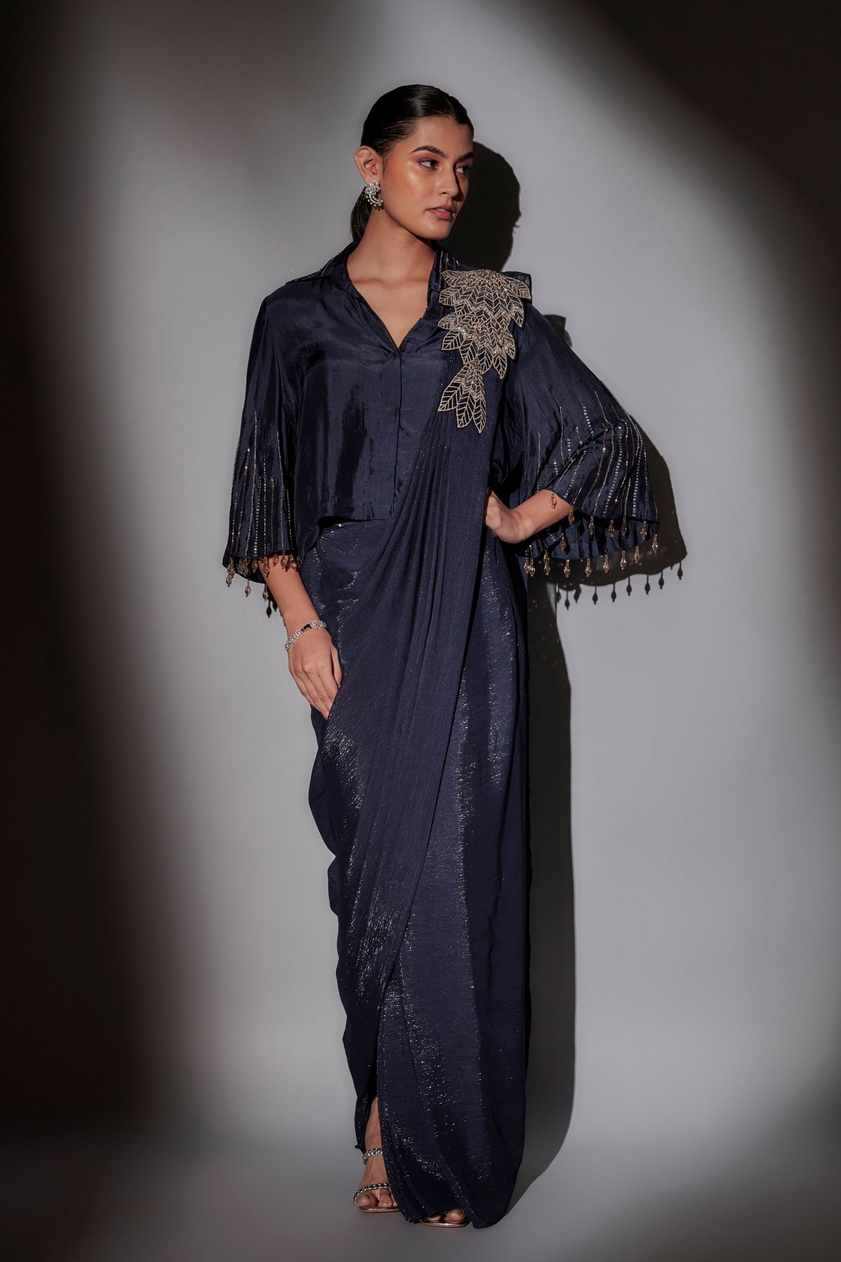 Navy Blue Pre-Draped Saree set