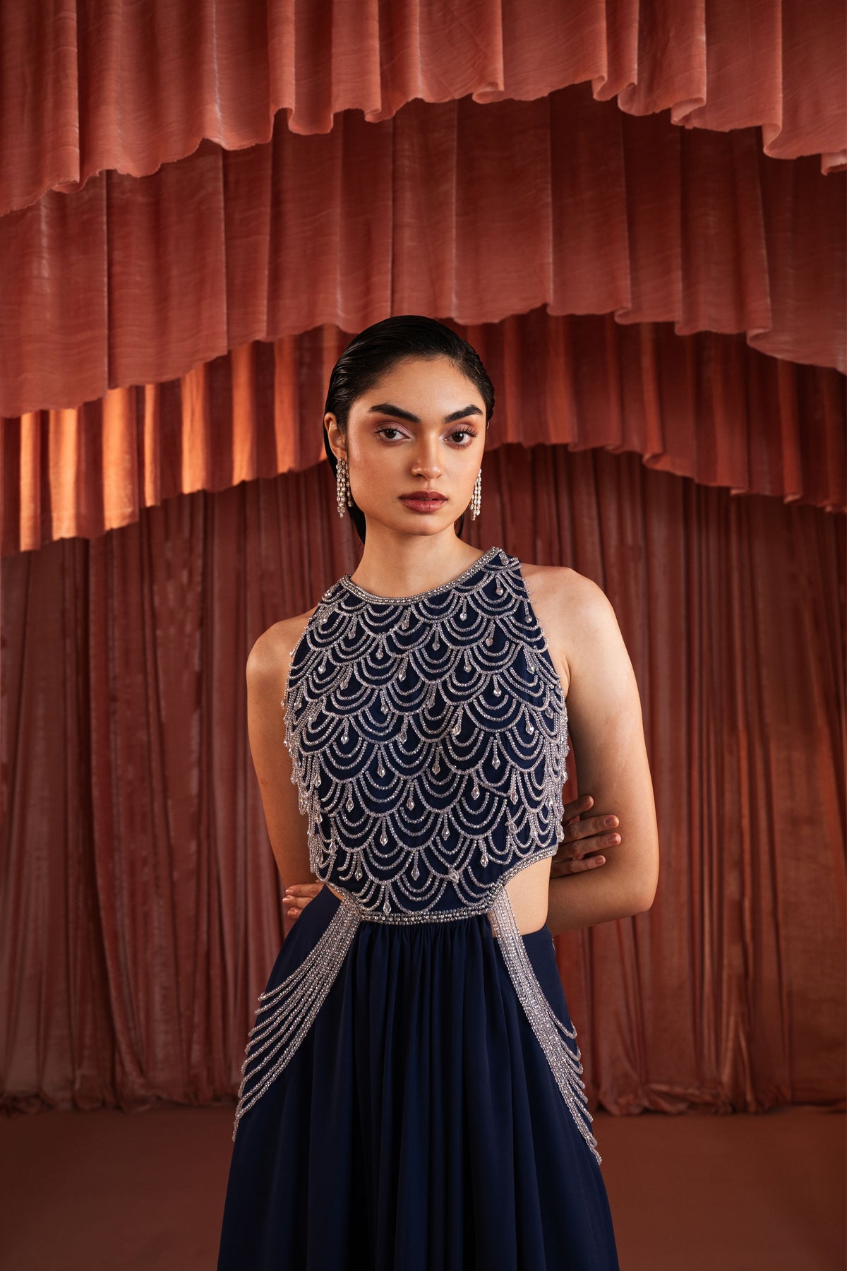 Midnight Blue Beaded Skirt Set