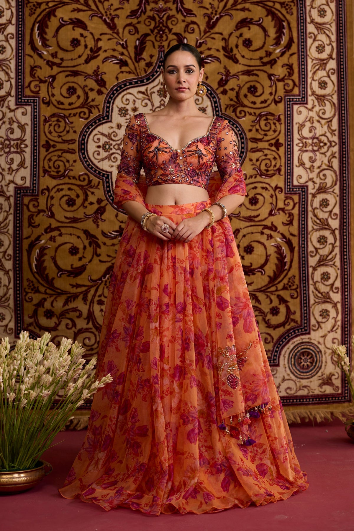 Orange Floral Lehenga Set