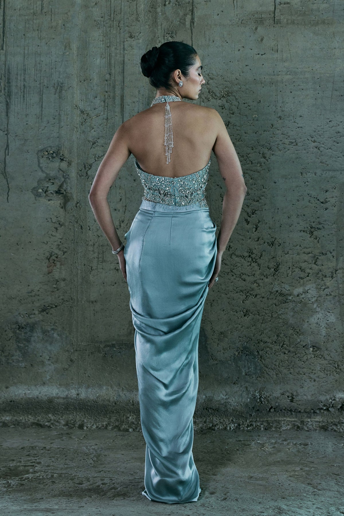 Ice Blue Embellished Top With Skirt