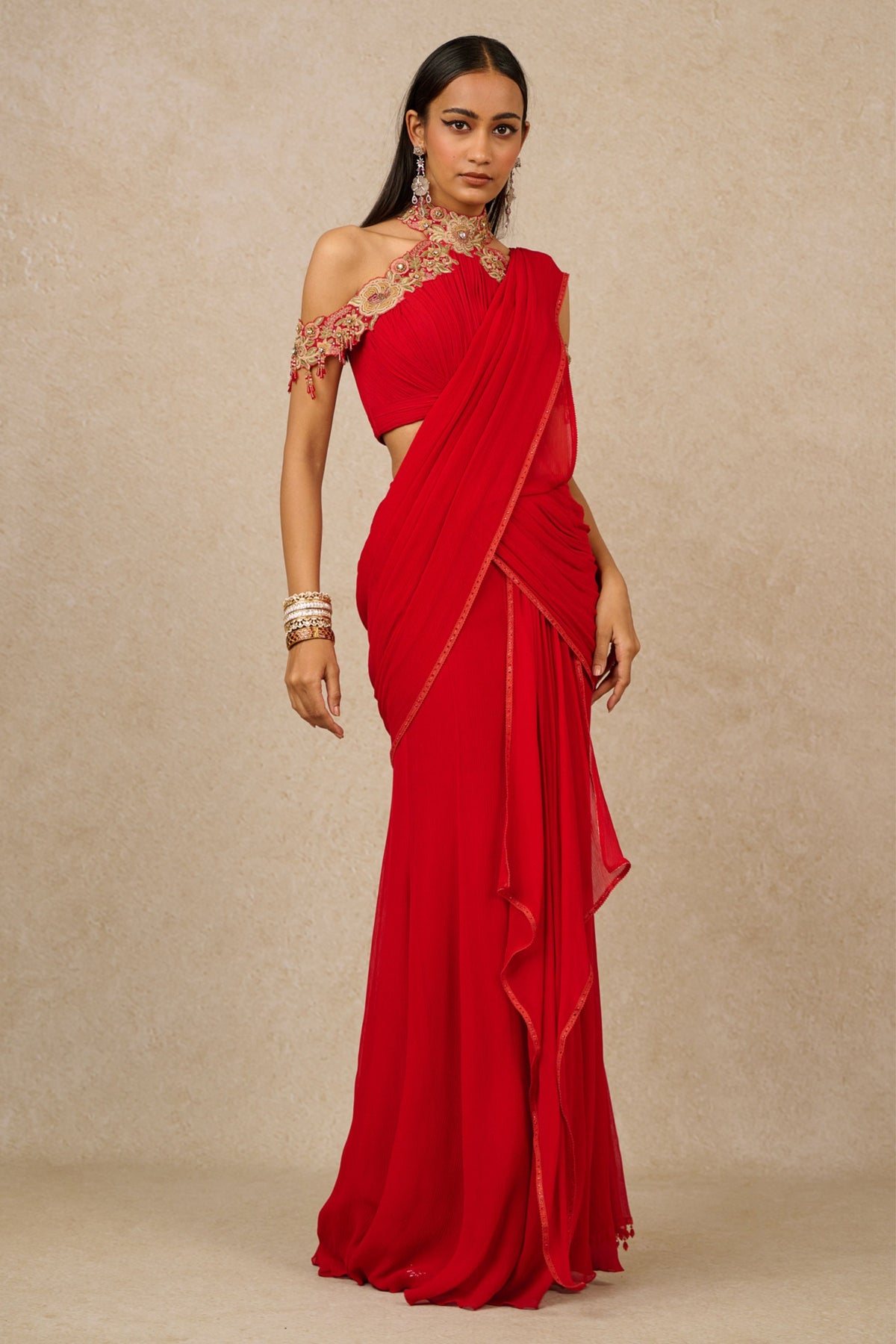 Red Off-shoulder Concept Saree