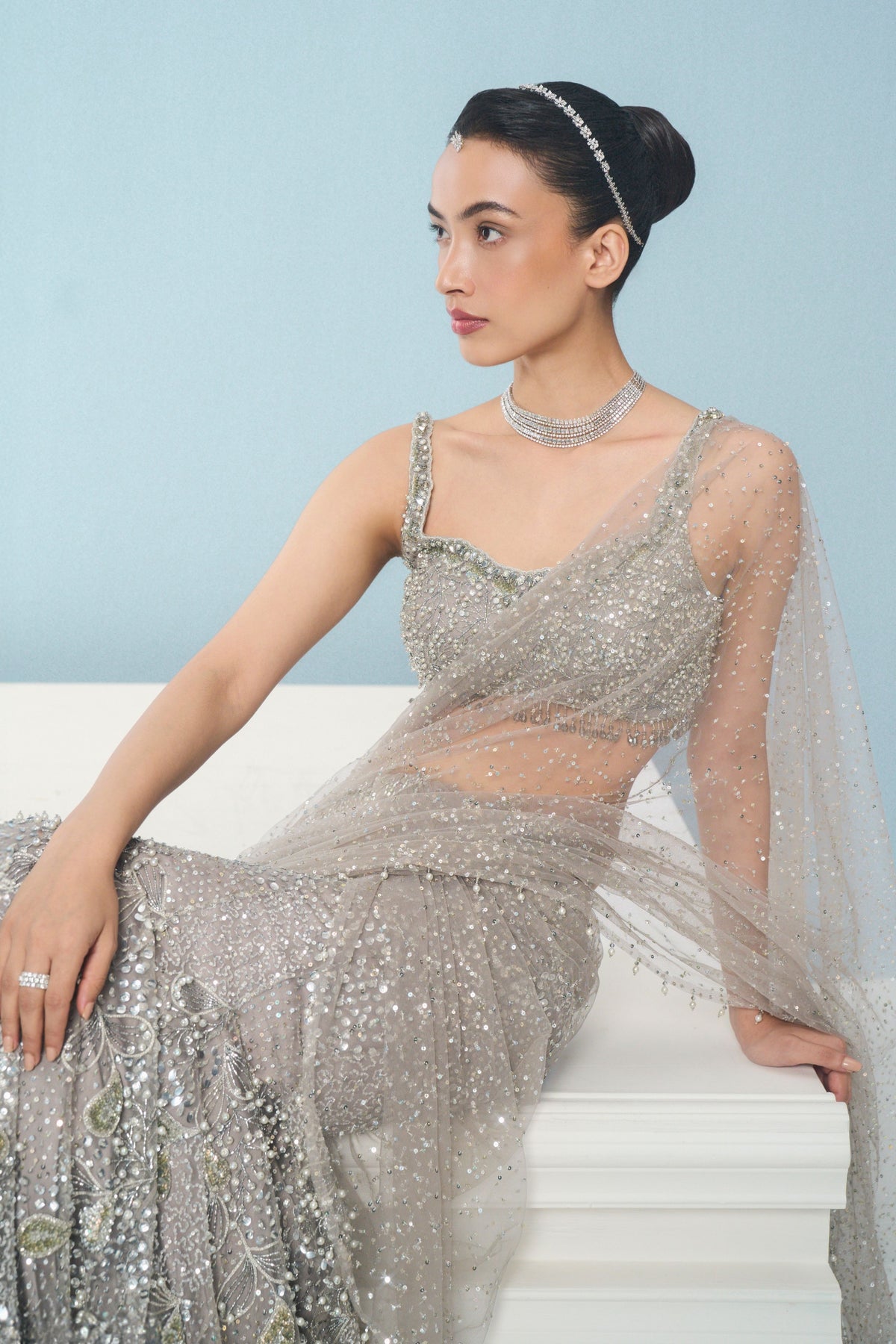 Silver Grey Drape Lehenga Set