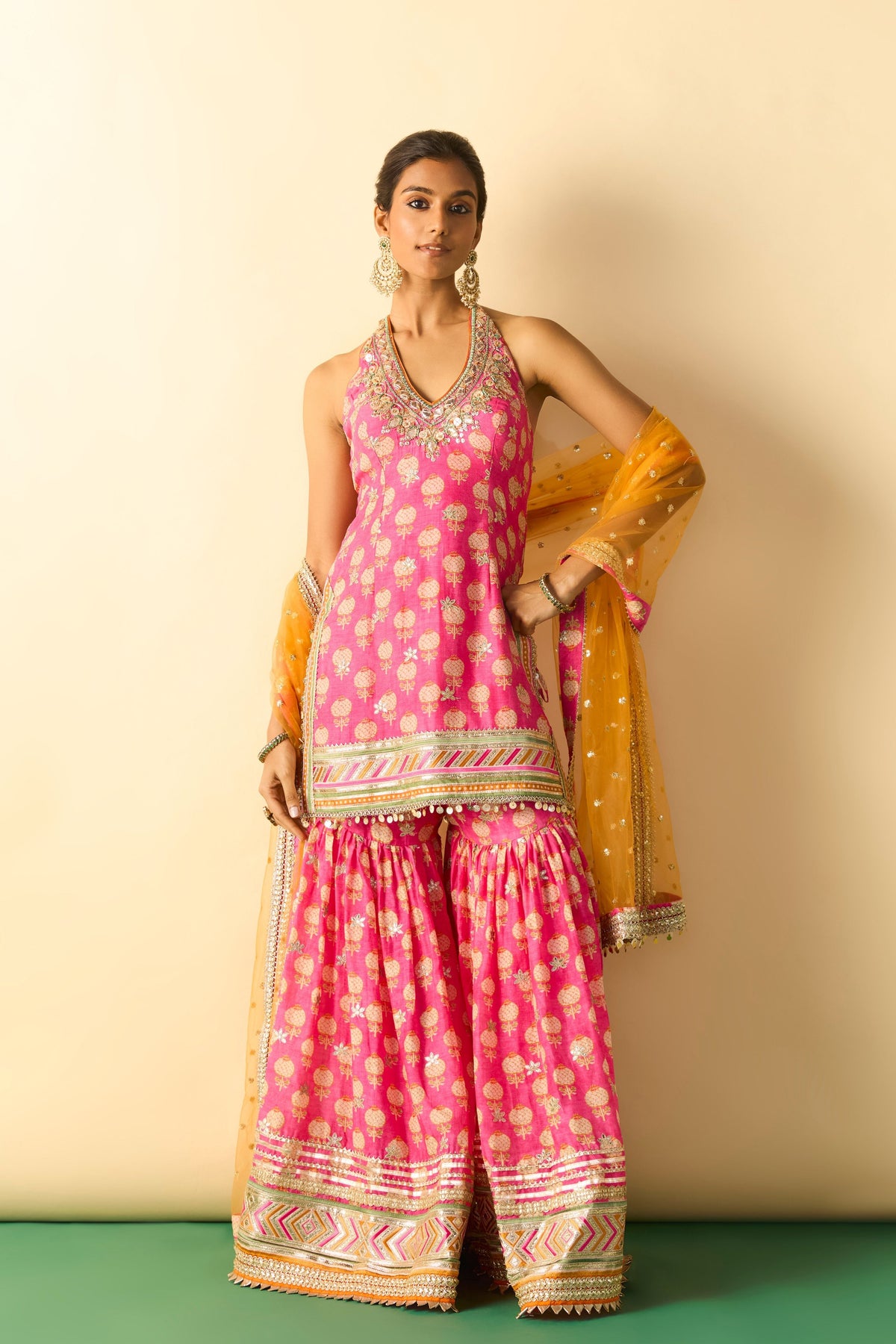 Pink Dwisha Halter Sharara Set