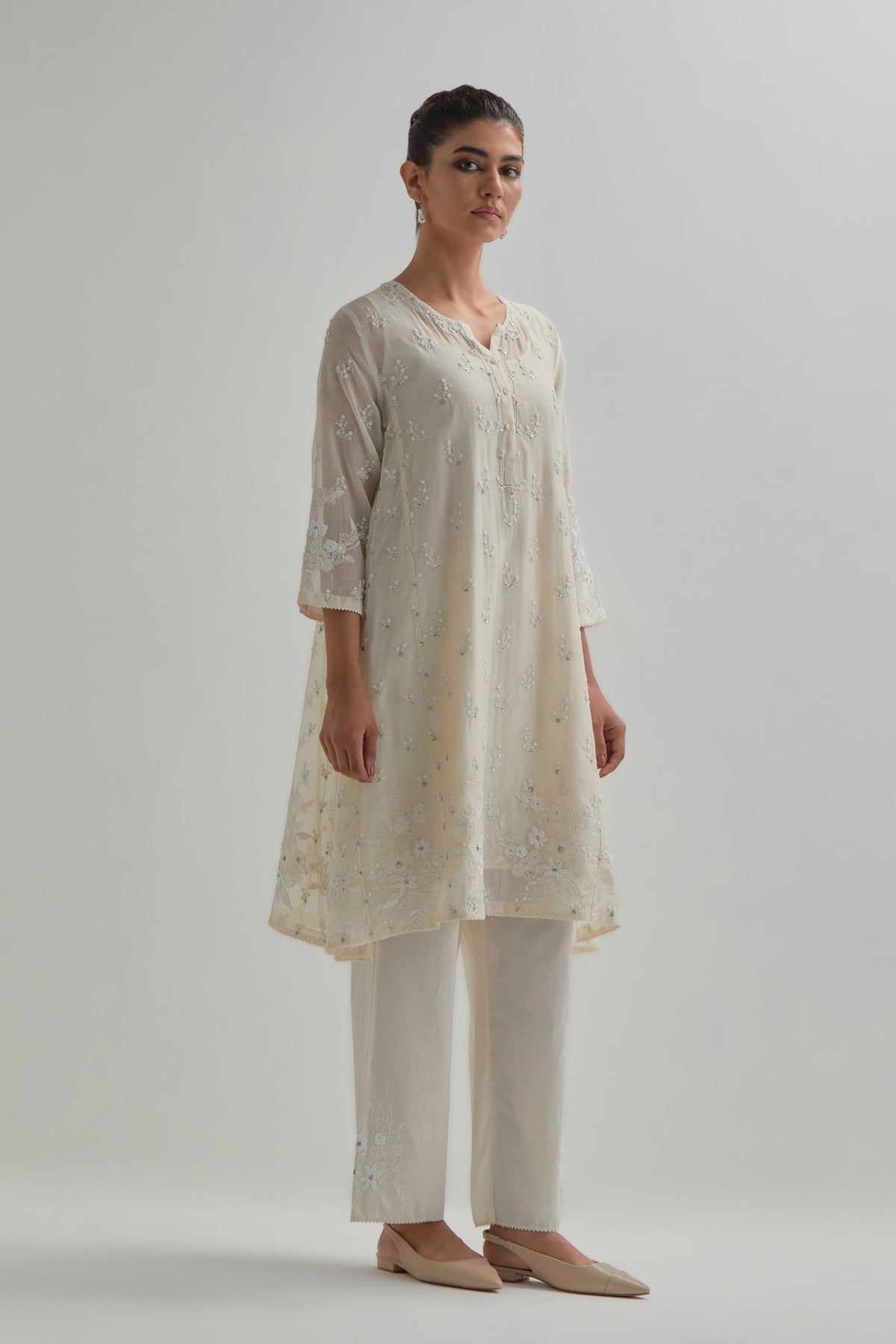 Off White Floral Short Kurta Set