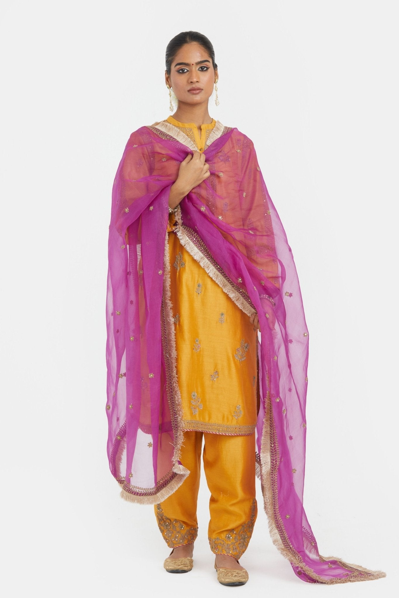 Deep Yellow Silk Kurta Set - Kora - Elahe