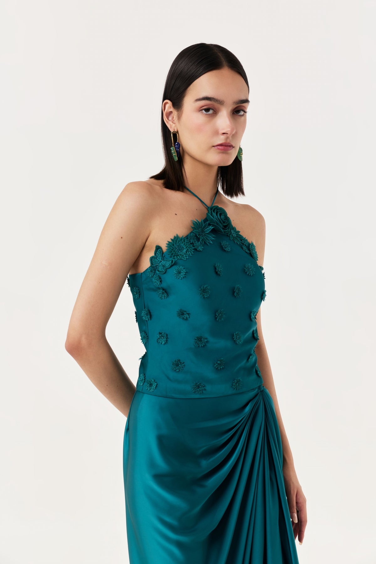 3d Floral Emerald Teal Halter Top Skirt Set